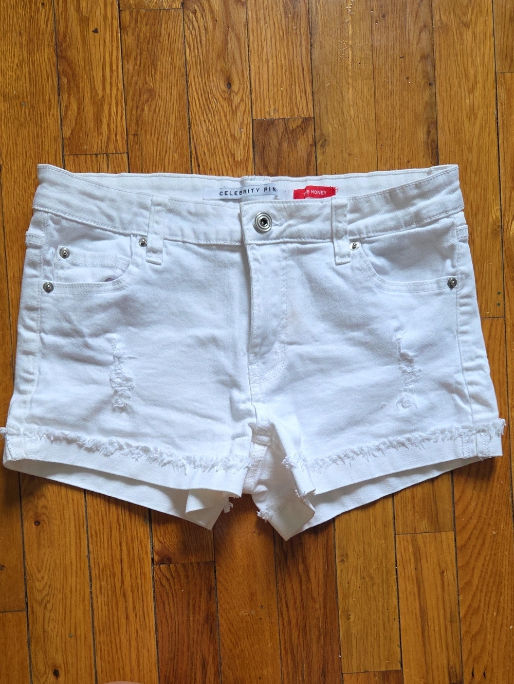 Celebrity Pink White Distressed Denim Shortie Shorts